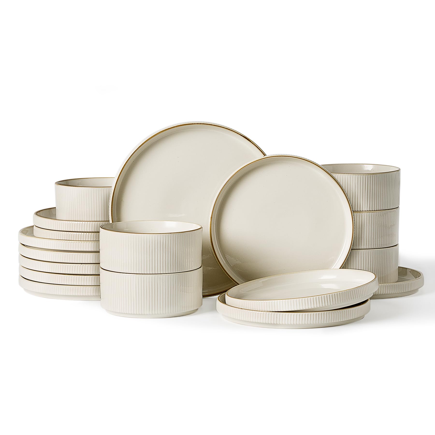 Photo 1 of *** PARTIAL SET *** famiware Star Dinnerware Set, Plates and Bowls Sets for 6 (18pcs), Ribbed Stoneware Dishes - Chip & Scratch Resistant, Microwave & Dishwasher Safe Kitchenware, White