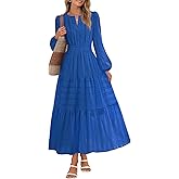 MEROKEETY Winter Spring Midi Dresses for Women 2026 Casual Vacation Long Sleeve V Neck Tiered Cotton Maxi Dress Pockets