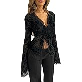 Women's Sheer Mesh Leopard Print Crop Top T Shirt Sexy Lace Deep V Neck Blouse Long Flare Sleeve Slim Tee Shirt