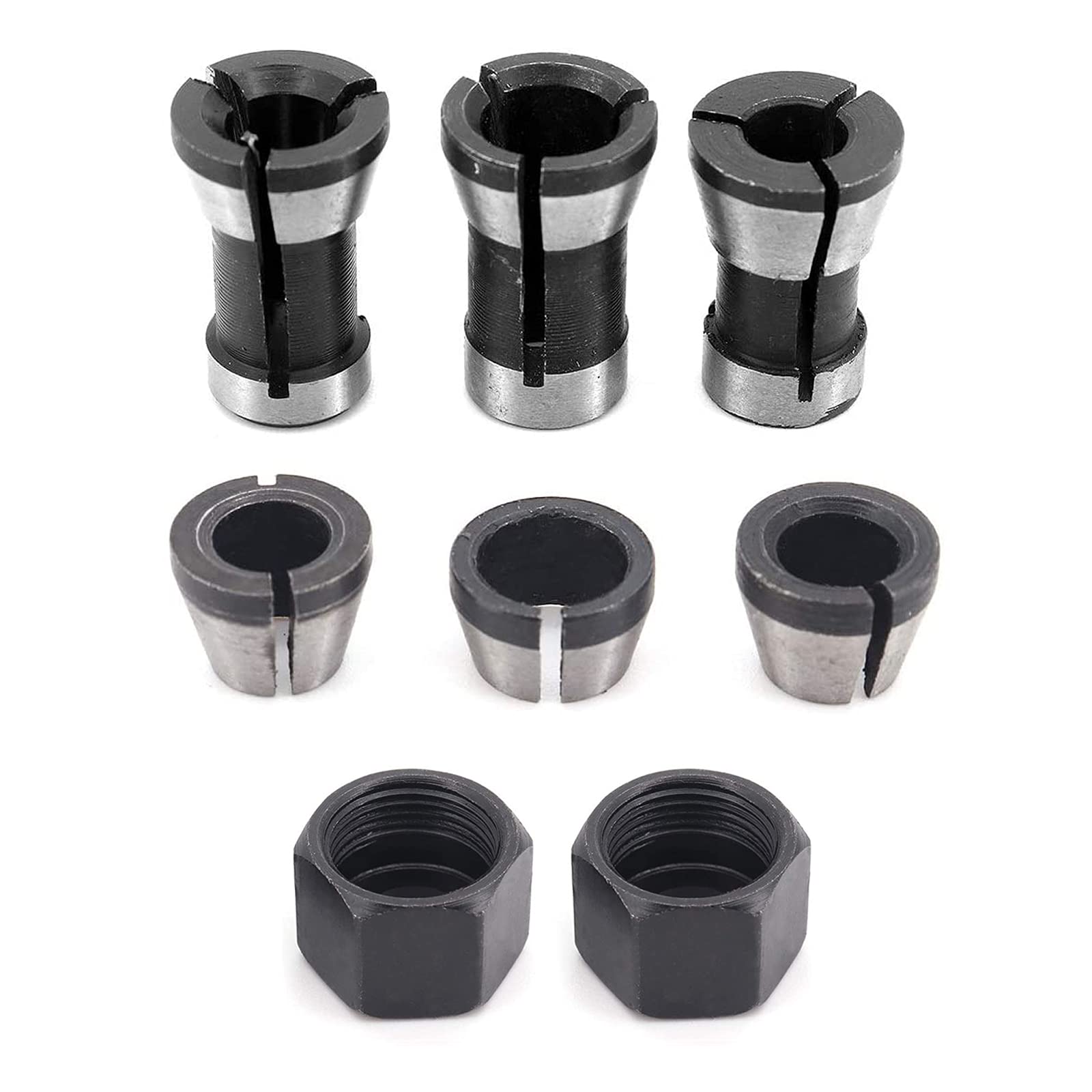 YWNYT 8pcs Router Collet Adapter, 6mm 6.35mm 8mm Router Collet Chuck Trimming Machine Chuck Engraving Trimming Collet Router Clamping Adapter for Woodworking Carving Machine Tool with Two Nuts