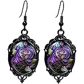 Gothic Rose Cameo Earrings for Women Vintage Crystal Glass Witch Dangle Earring Goth Punk Black Victorian Earring Halloween Jewelry