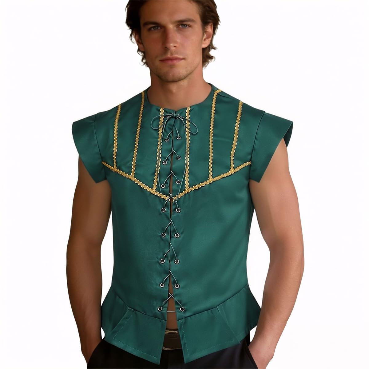 BPURB Mens Steampunk Gothic Pirate Vest Renaissance Medieval Lace-up Waistcoat Victorian Costume (X-Large, Green)