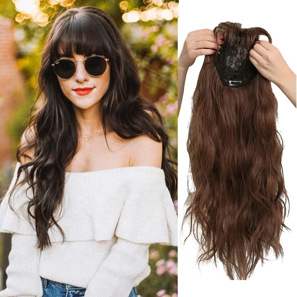 Middle Part Clip in Forehead Hairpiece Loose Curly Topper with 3D Neat Fringe for Full Head Wear Light Brown