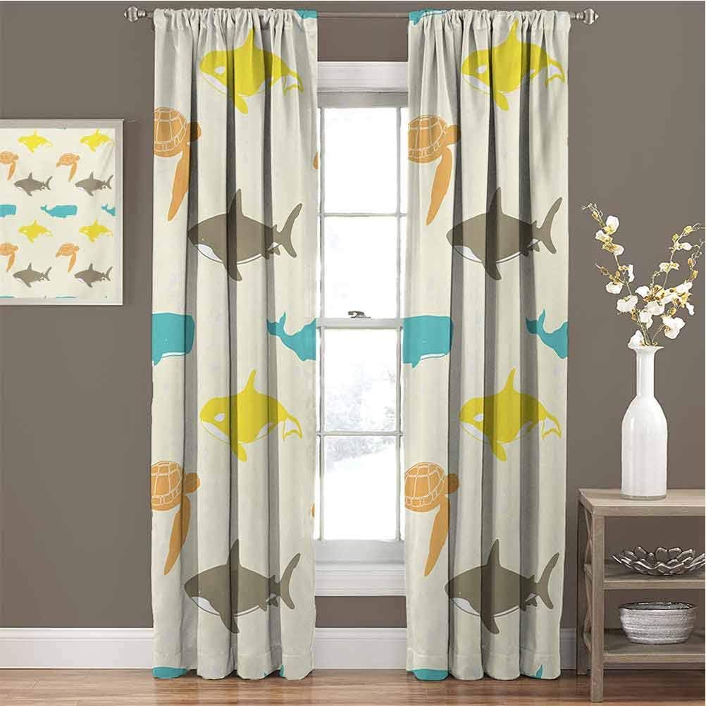 Sea Animals Blackout Curtain Pattern with Whale Shark and Turtle Aquarium Doodle Style Marine Life 2 Panels W84 x L84 Inch Ivory Taupe Peach
