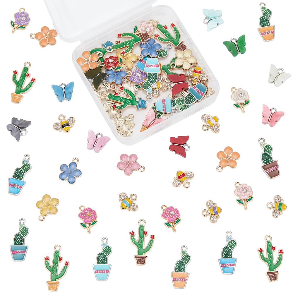 GOMAKERER 72 Pcs Alloy Enamel Charms, 6 Styles: Cactus, Flower, Bee, Butterfly, DIY Jewelry Making