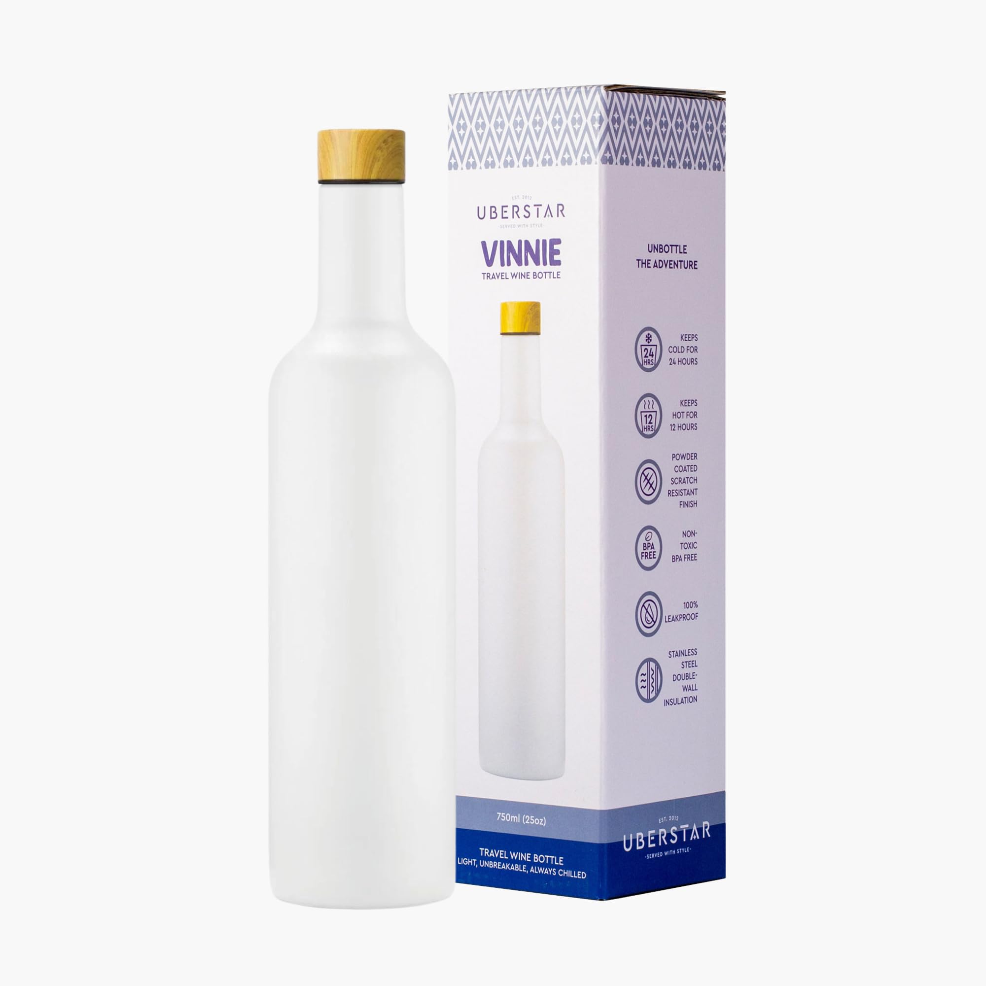 EST 2012 UBERSTAR BARWARE & GIFTS VINNIE Stainless Steel Insulated Travel Wine Bottle 750ml / Hot or Cold Drinks/Reusable Flask Screw Top/Water Wine Juice (White)