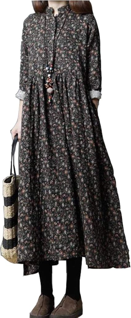 Amazon Lisa Pulster ワンピース レディース ドレス マキシワンピース 綿麻 ドレス 復古 花柄 カジュアル ゆったり 長袖 春秋 冬 ワンピース チュニック 通販