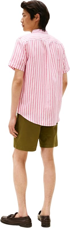 Herren Hemd Linen Blend Mao mit Grandad-Kragen, Mehrfarbig (Vintage Rosy/White), S