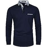 LIUPMWE Polo Shirts for Men Long Sleeve Golf Shirt Slim Fit Classic Plaid Collar Cotton Golf T-Shirts Casual Polo Shirts