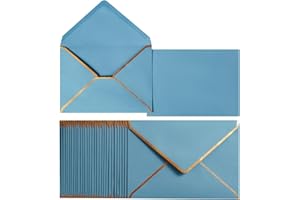 HOMTABLE 50 Pack A7 Envelopes Dusty-Blue 5 x 7 Self-Adhesive V Flap Envelopes with Gold Border for Office, Greeting Card, Wedding, Graduation, Baby Shower, Parties, Invitations