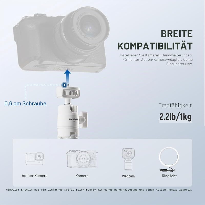 BASICS Mini Tisch Selfie Stick Stativ kompatibel mit iPhone GoPro Insta360 DJI, tragbare kleine Kamera, Webcam Android Handyhalterung, Kugelkopf, erhöhte Achse, Videoaufnahme Ständer, TP43 Weiß