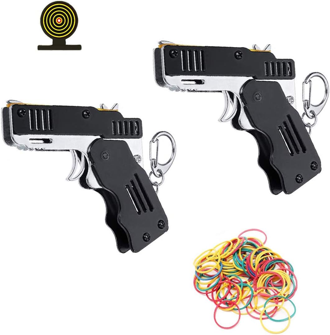 Mini Rubber Band Gun Toy,Foldable Handmade Toy Gun with Keychain with