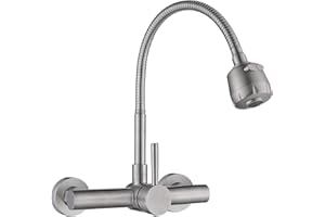 FLWUEUE Wall Mount Kitchen Sink Faucet with Sprayer 8“ Inch Center, Brushed Nickle Stainless Steel Sink Mixer Tap, Laundry Ut