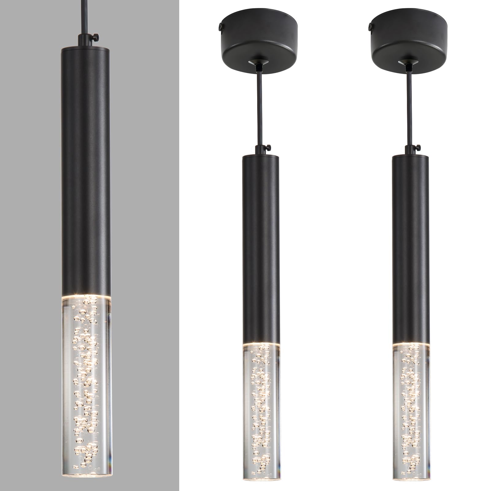 Modern Black Cylinder Crystal Pendant Light, 3 Colour Temperature 3000k/4500k/6500k Bedside Pendant Lights, 2 Pack Height Adjustable 1.4M Kitchen Island Pendant Lights for Restaurant, Office, Bar