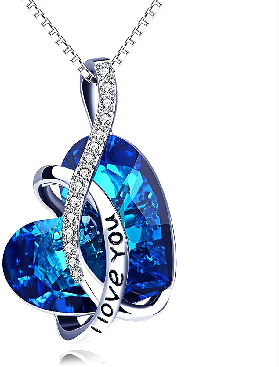 AOBOCO Sterling Silver I Love You Infinity Heart Pendant Necklace with Birthstone Crystals, Wedding Anniversary Birthday Gifts for Her Women Wife Girlfriend Mum (Blue)