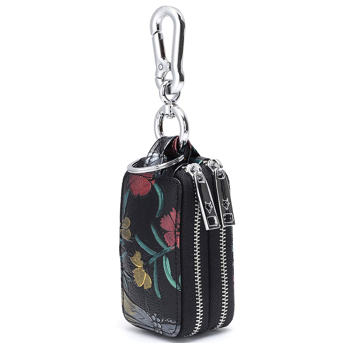 Aileder Key Case Holder Genuine Leather Car Keyring Key Pouch Hand Painted Flowers Keychain Wallet for Women Ladies Double Zipper Keyring Purse (Pattern 3)