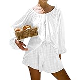 Sotimoon Womens 2 Piece Short Set Oversized Lounge Sets Long Sleeve Top and Shorts Plaid Pajamas Set