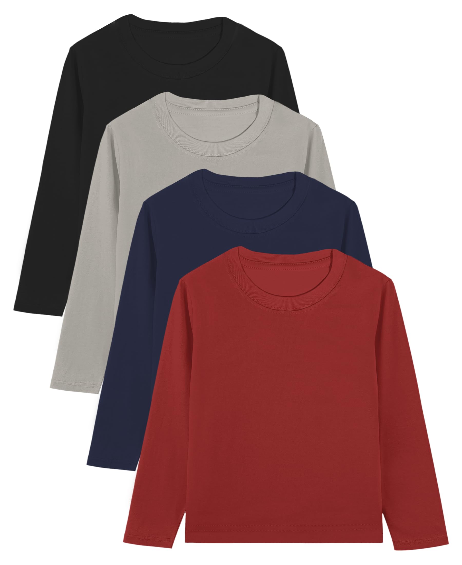 Photo 1 of 4 Pack Toddler Boys Long Sleeve T-Shirts Cotton Crewneck Tees Soft Basic Solid Color Layering T-Shirt Top, Tagless Neckline (US, Age, 2 Years, Burgundy, Navy, Gray, Black)