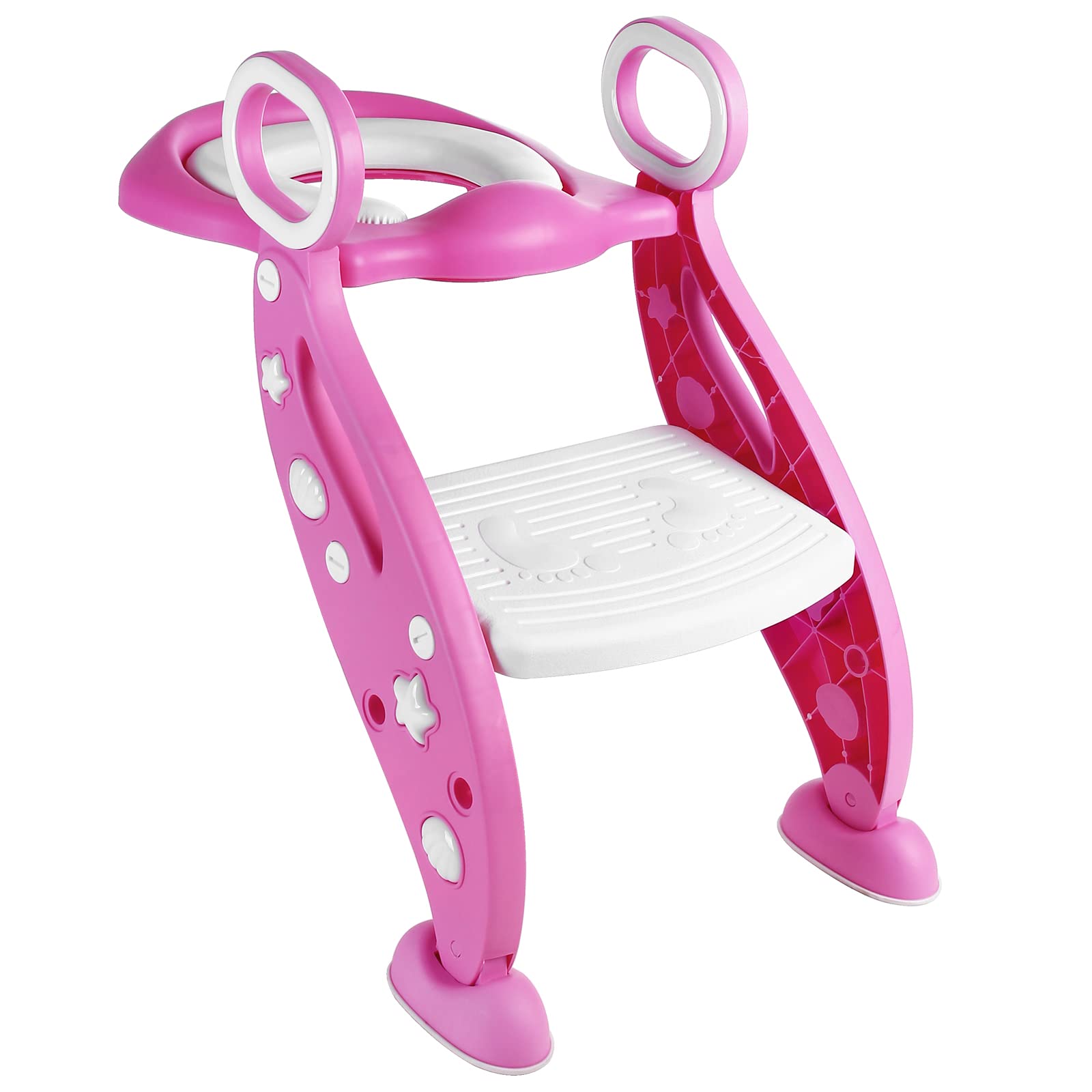 Rainberg Kids Potty Training Toilet Seat Adjustable Height Step Ladder for Toddlers | Bathroom Aid Toddler Toilet Seat and Step with Non-Slip Handles, Portable Design (Pink White)