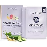 LA PURE Snail Mucin Mask – 10ct Korean Sheet Mask Pack for Signs of Aging, Aid Skin Repair & Hydration – Pure Snail Mask for Face with Collagen & Hyaluronic Acid – Cruelty-Free Hydrating Sheet Mask