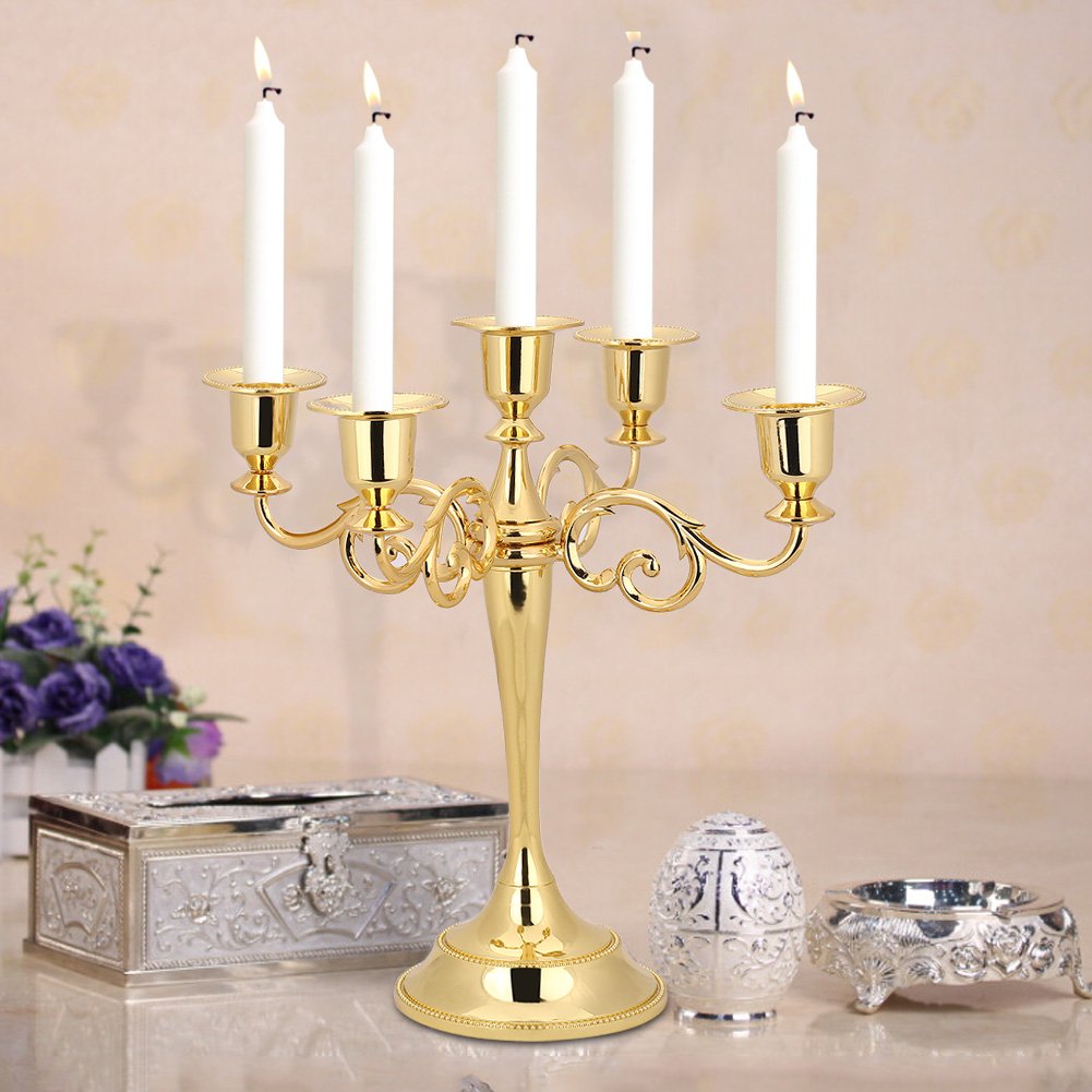 Metal Candle Holder, 5 Arms Candlestick Holder Vintage Candlesticks European Candelabra Stand for Wedding Party Home Decoration Silver Gold, 26 x 26.5cm