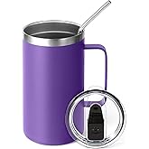 Volhoply 24oz Insulated Coffee Mug with Lid and Straw, Stainless Steel Travel Mugs with Handle, Double Wall Vacuum Leak Proof Coffee Tumbler Cup (Purple,1)