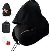 BAIKEA Travel Neck Pillow with Hood Memory Foam Sleeping Airplane Pillows Long Flight Neck Support Plane Essentials Black