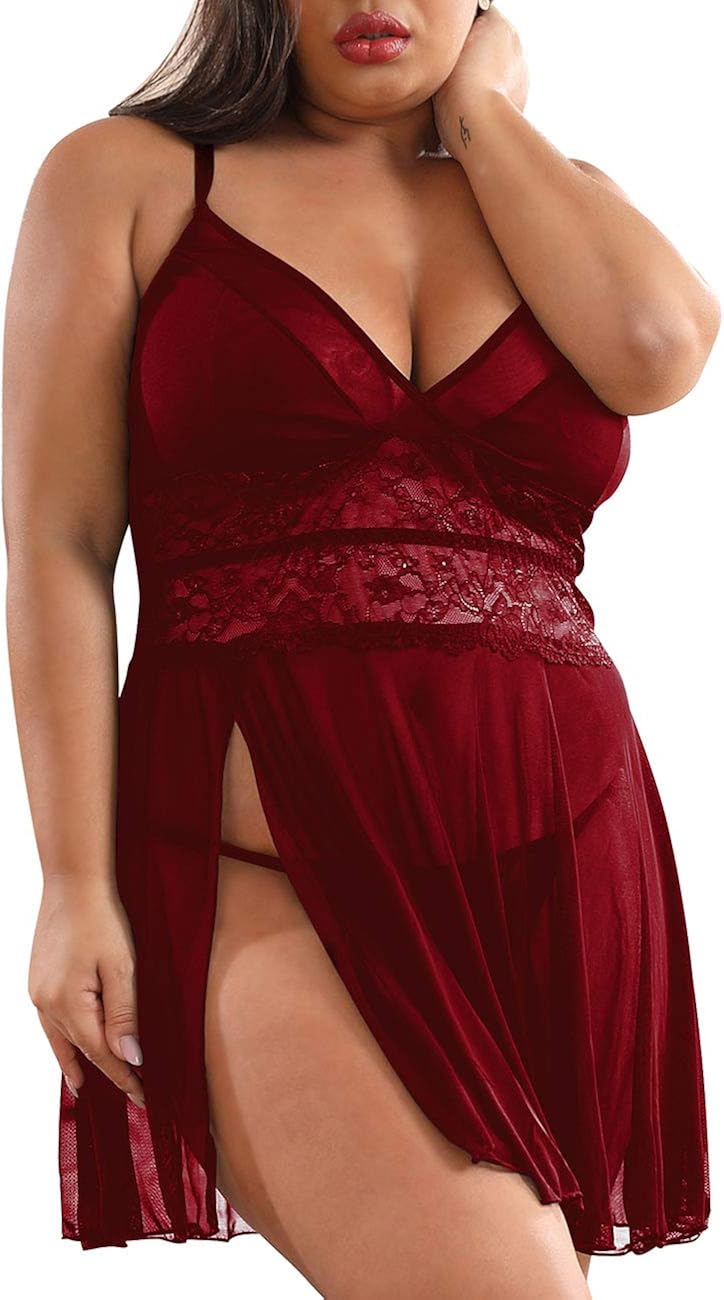 XAKALAKA Women's Plus Size Lingerie Babydoll Front Slit Lace Mesh Chemise Sleepwear at  Women’s Clothing store