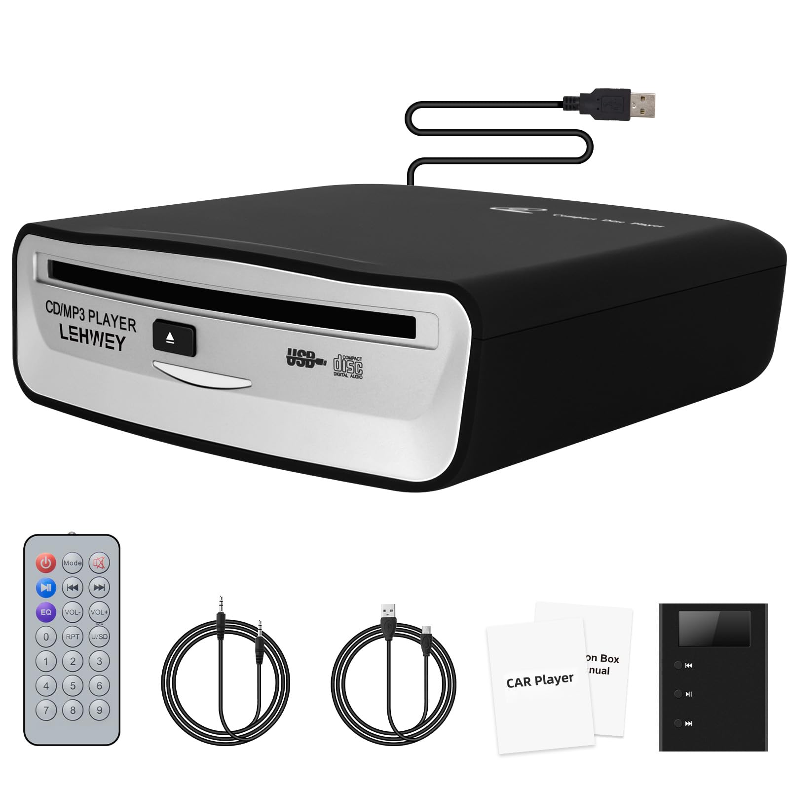 Lehwey USB CD Player for Car, External Car Cd Players with AUX & FM Transmitter, Portable CD Player for Cars without CD Drive, Anti-Skip, Remote Control, Works with Most Cars, SUVs, Trucks
