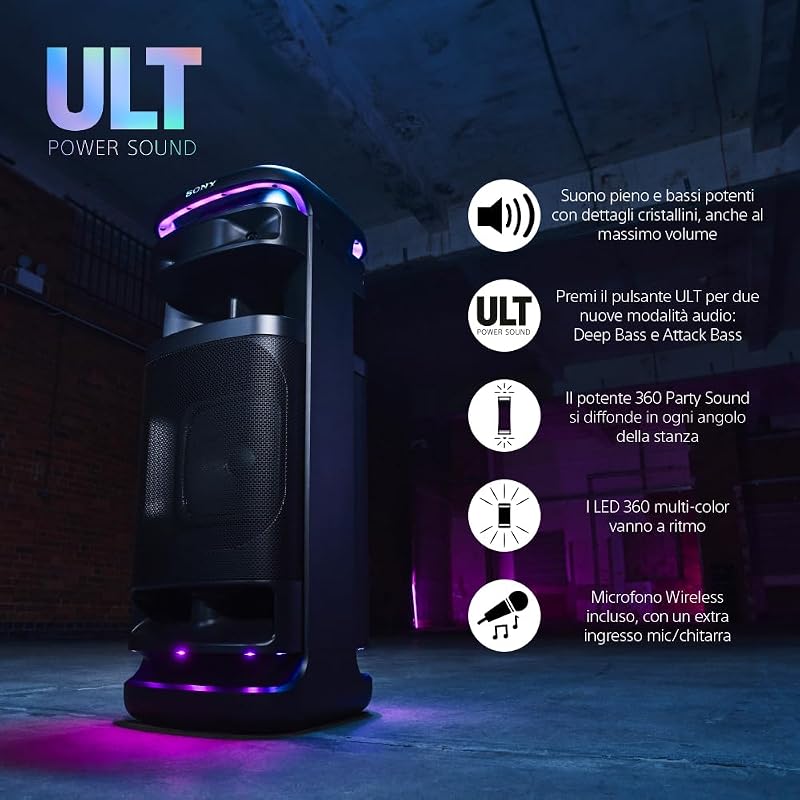 ULT TOWER 10 - Altoparlante Bluetooth per feste con ULT POWER SOUND, bassi profondi, altoparlanti X-Balanced, luci a LED a 360 gradi, microfono wireless, portatile, con maniglia e ruote - Black