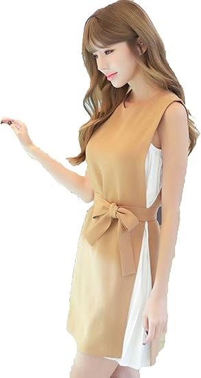 Amazon Yusoi ワンピース 夏 ノースリーブ エレガントol ストレッチ 着痩せ スリム ベルト付き レディース カーキ ワンピース チュニック 通販