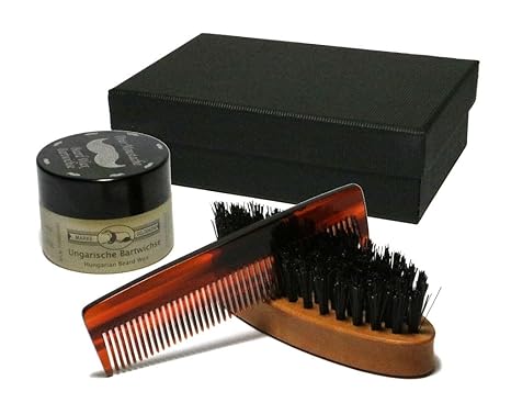 Bartpflege hochwertiges Set 3-teilig besteht aus Bartbürste Holz + handgesägter Bartkamm + ungarische Bartwichse 12 ml für Mä