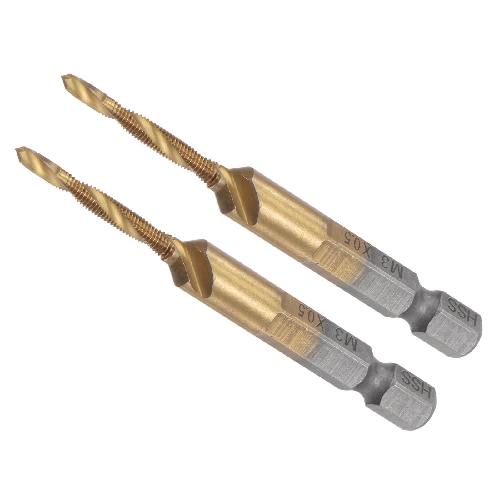 CoCud Combination Drill Tap Bit, M3 x 0.5 Thread Size 1/4" Shank, Titanium Coated High Speed Steel Long Tools - (Applications: for Aluminum Stainless Steel Plastic Long), 2-Pieces