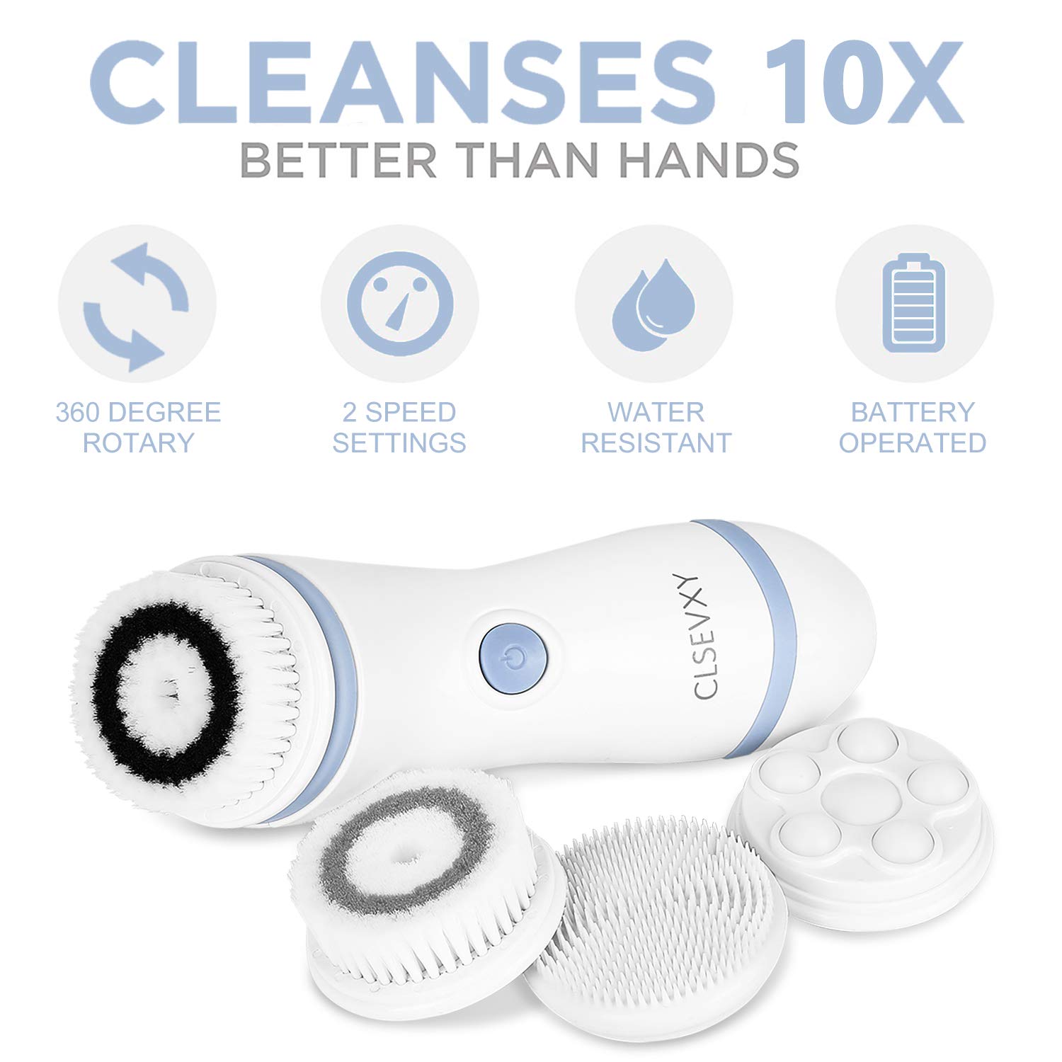 Facial Cleansing Brush, Waterproof Face Spin Brush Set with 4 Exfoliating Brush Heads - Complete Face Spa System by CLSEVXY - Advanced Microdermabrasion for Gentle Exfoliation and Deep Scrubbing: Beauty