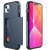 ZUSLAB Card Holder Slot Case Compatible with Apple iPhone 14 6.1'' 2022/13 6.1'', Phone Wallet Case with 1 Tempered Glass Screen Protector, Rubber & PC Bumper Cover for Women Men, Dark Blue