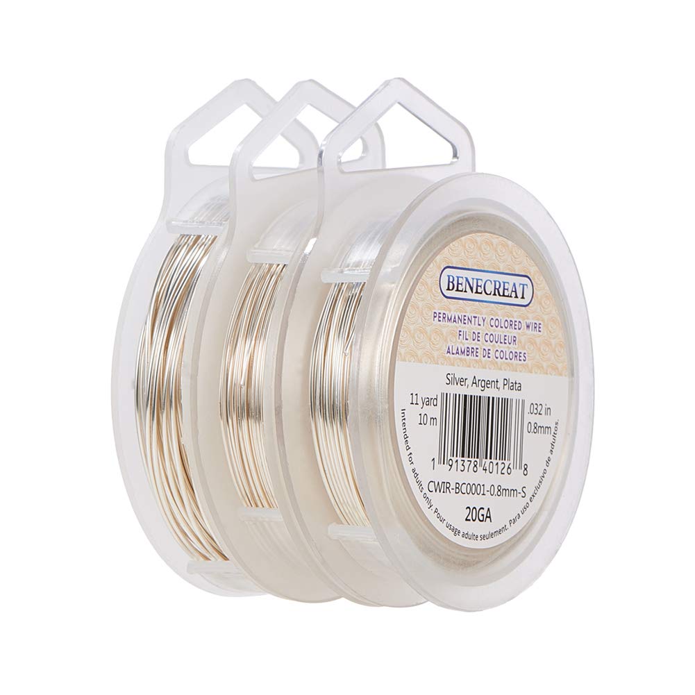 BENECREAT 3 Rolls 18-Gauge/20-Gauge/22-Gauge Tarnish Resistant Silver Coil Wire, 33-Feet/33-Feet/66-Feet