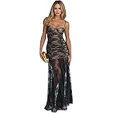 JUMISEE Women Elegant Spaghetti Strap Lace Maxi Dress Sexy Sheer Flowy Cocktail Dress Ruched High Slit Bodycon Dresses