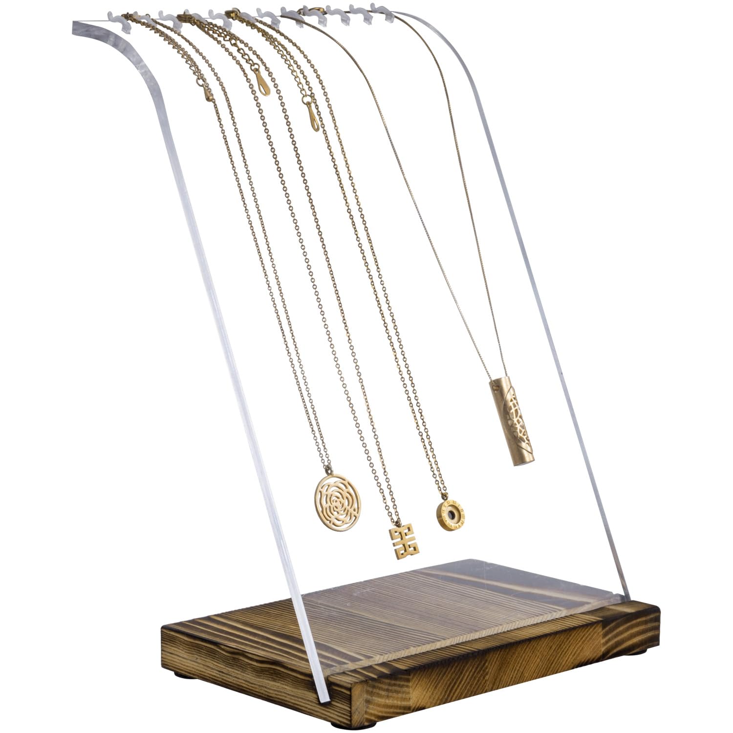 Photo 1 of MyGift Modern Multi Necklace Holder with Detachable Clear Acrylic Panel and Burnt Solid Wood Base, Tabletop Jewelry Easel Stand Retail Display with 12 Hooks