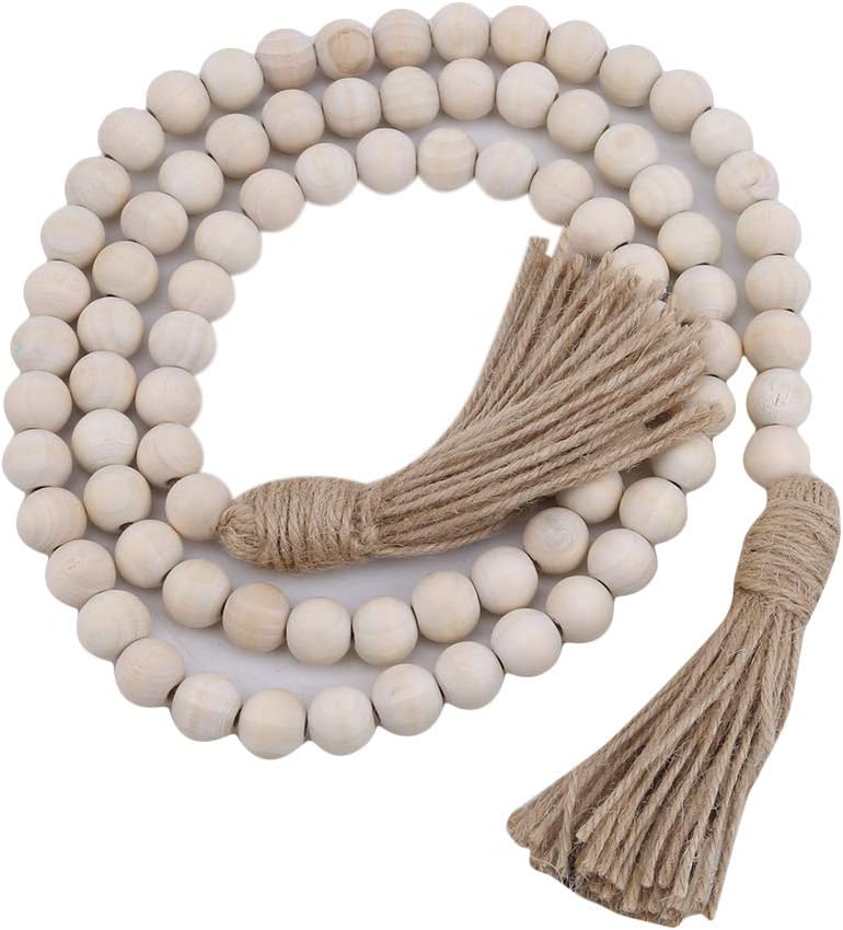 Eleusine Wood Bead Garland Long Farm House Rustic Country Beads with Tassles Wall Hanging Décor