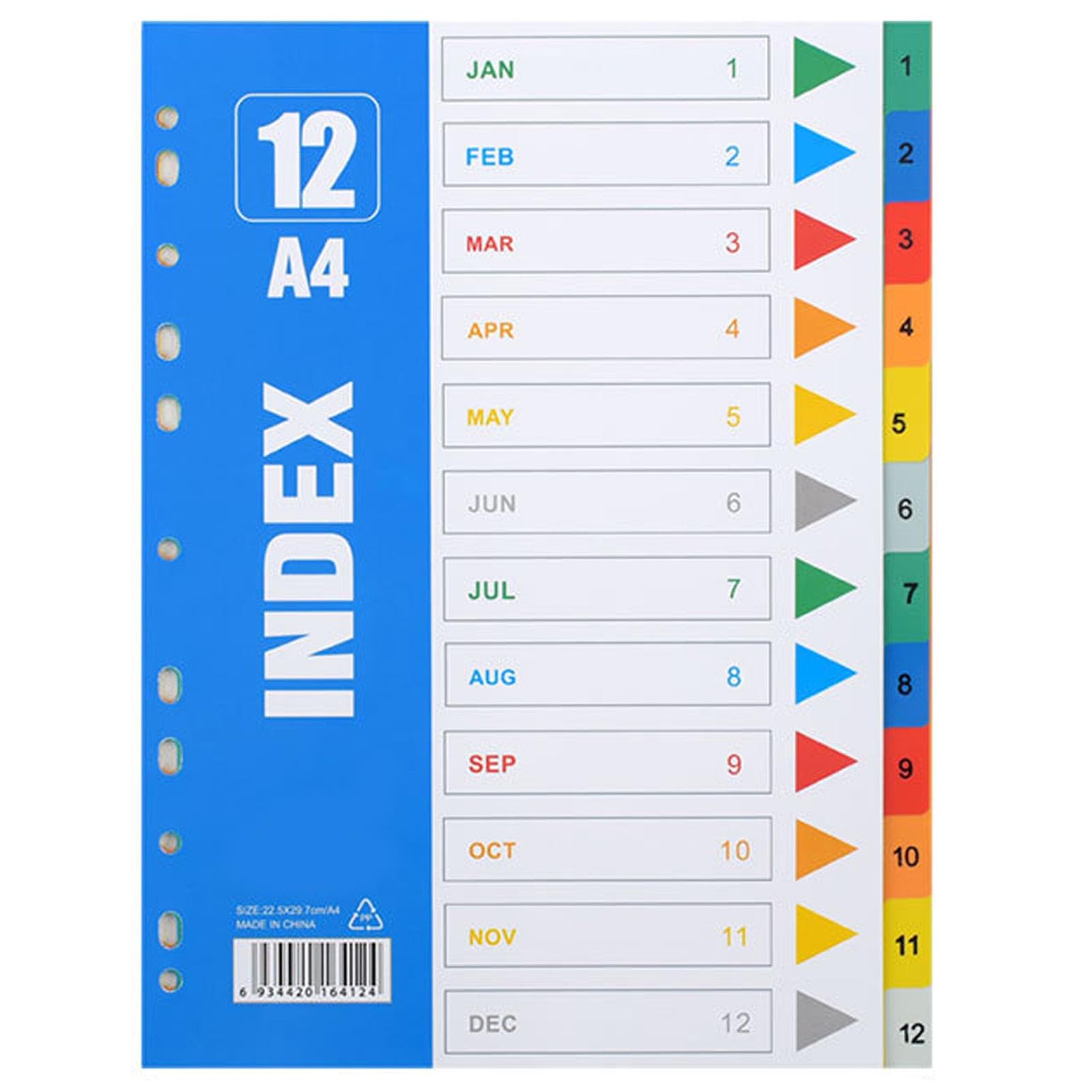 Faderr A4 File Dividers 12 Part Extra Wide Colored Tabs Plastic File Dividers in Assorted Colors for Lever Arch with 11 Pre-Punched Holes for Home, School, Office, College(Multi-Color)