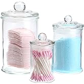 MDLUU Glass Canisters, Apothecary Jars with Airtight Lids, Bathroom Vanity Storage Organizer Containers for Qtip Cotton Swabs, Cotton Balls, Flossers, Bath Salt, Hair Tie, Set of 3
