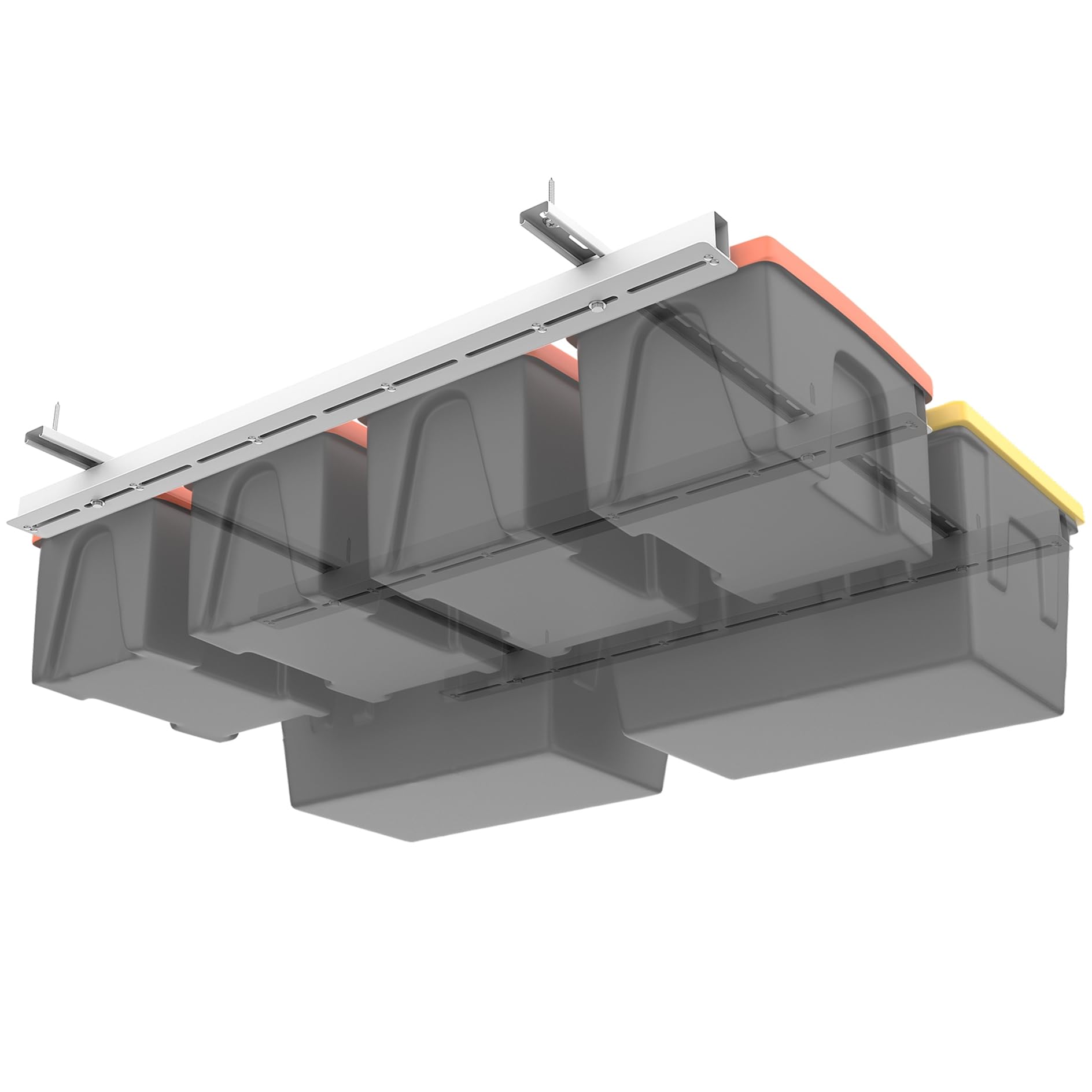 Photo 1 of (PARTAIL SET) TORACK Garage Ceiling Bin Storage Rack, Overhead Tote Storage Rail System Heavy Duty Adjustable Tote Slide Rails Garage Bins Storage System(White, Bins are not included)