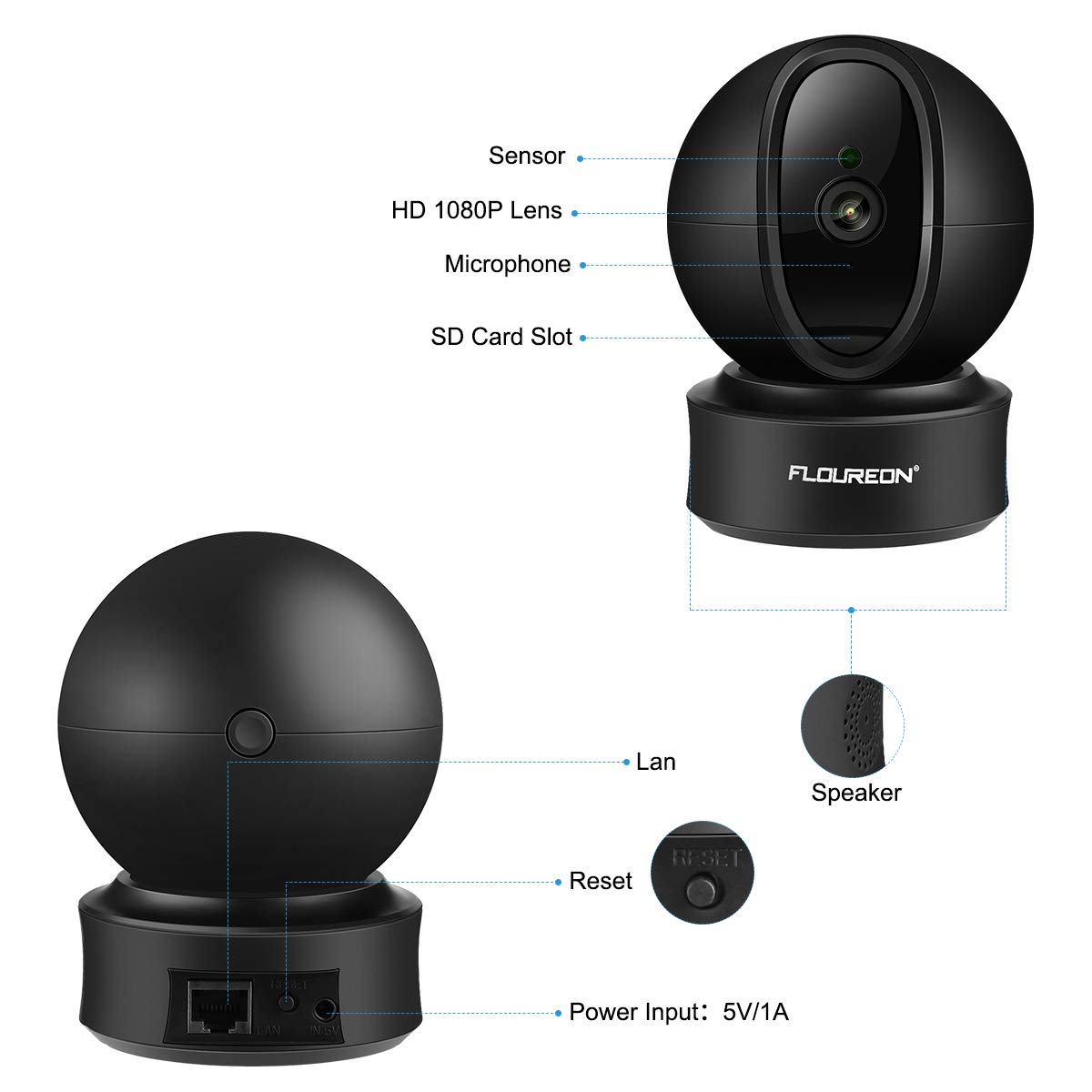 FLOUREON 1080P 2.0 MP WIFI IP Camera Home Security Surveillance Smart IP Camera with Automatic tracking 360° 3D Built-in Microphone Pan/Tilt PT Wireless Micro SD Slot