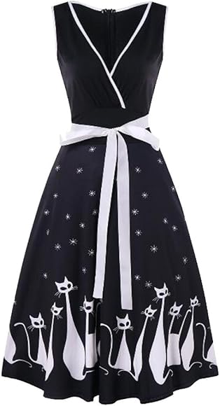 Kalorywee Sale Summer Large Size Women Sleeveless V Neck Retro Cat Print Dress Black Amazon Co Uk Clothing