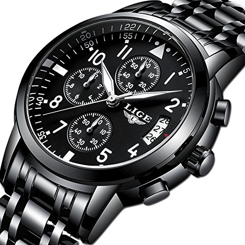Mens Watches Stainless Steel,LIGE Waterproof Chronograph Sport Analog Quartz Watch Gents Date Business Casual Luxury Dress Wrist Watch Black