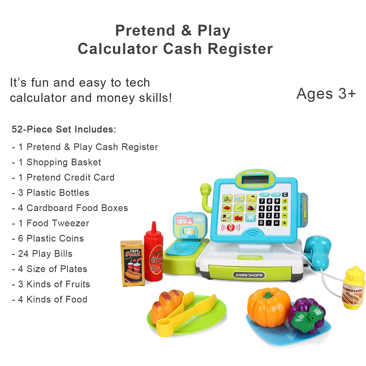 FS Pretend Play Cash Register Toys with Scanner, Calculator, Large Drawer, Microphone, Play Food, Supermarket Cashier Register Toy, Pre-School Gift for Kids, Toddlers, Boys & Girls, Ages 3 4 5 6 7 8