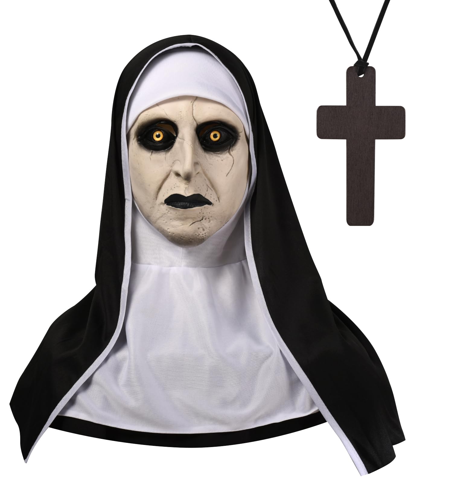 Photo 1 of ***** NO CROSS ***** Halloween Scary Nun Mask with Headgear and Cross Necklace, Full Head Realistic Latex Scary Halloween Mask for Adults Gothic Supernatural Costume Prop