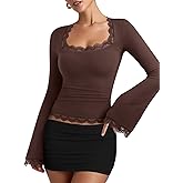 REORIA Womens 2025 Fall Fashion Square Neck Lace Long Bell Sleeves Shirts Double Lined Casual Slim Fit Tops