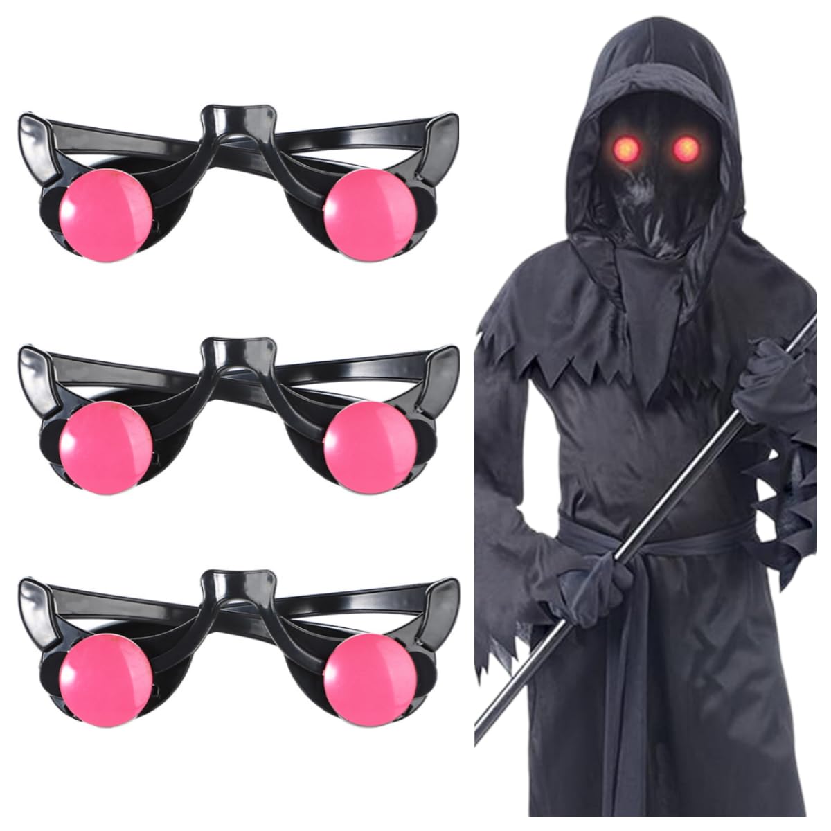 Qchomee 2Pcs Halloween Glow Glasses Light Up LED Glasses Red Eyewear Devil Death Cosplay Halloween Costume Accessories Party Scary Glowing Eyeglasses Goggles Cool Props (Black-3Pcs)