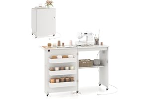 COSTWAY Sewing Machine Table with Charging Station, Folding Sewing Cabinet w/Lockable Casters, 3-Tier Shelf, Middle Rack, Magnetic Door, Small Sewing Desk for Home Apartment, Studio (White)